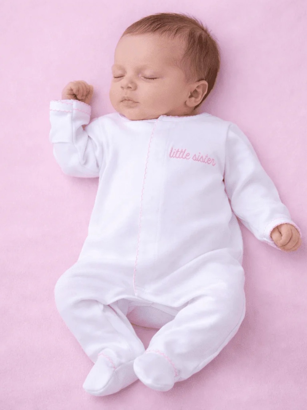 NWT Magnolia Baby White Infant ONESIE with Pink 'little sister' Embroidery